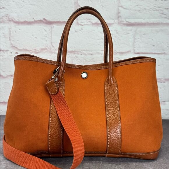 Hermes Garden Party Small Orange Toile Leather Canvas Tote Bag - Picture 2 of 16